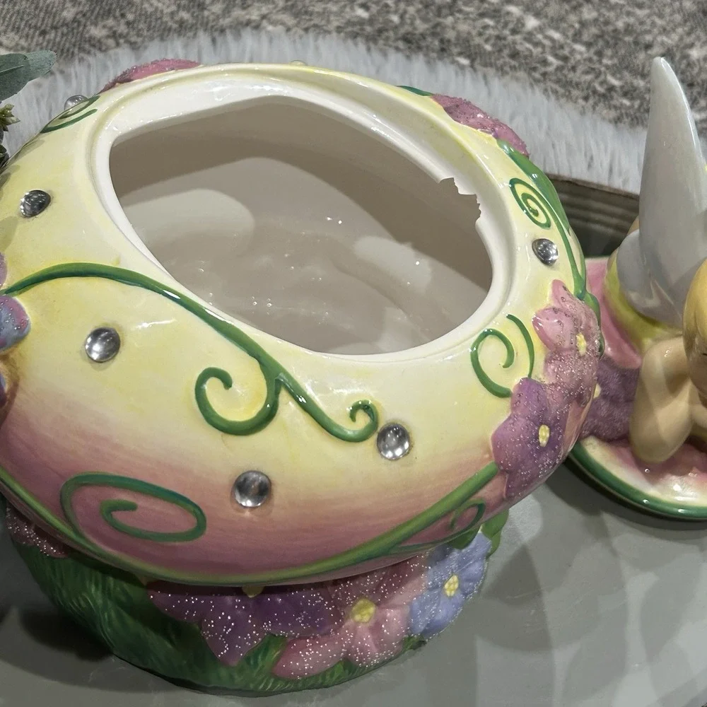 Disney Tinkerbell‎ Mushroom Cookie Jar With Jewels And Flowers Read***